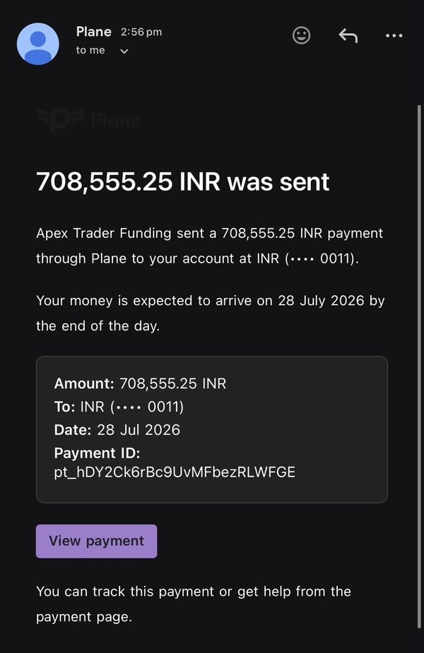 Apex Trader Funding payout of 708,555.25 INR sent via Plane
