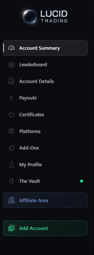 The Lucid Trading dashboard menu: Account Summary, Leaderboard, Account Details, Payouts, Certificates, Platforms, Add-Ons, My Profile, The Vault, Affiliate Area
