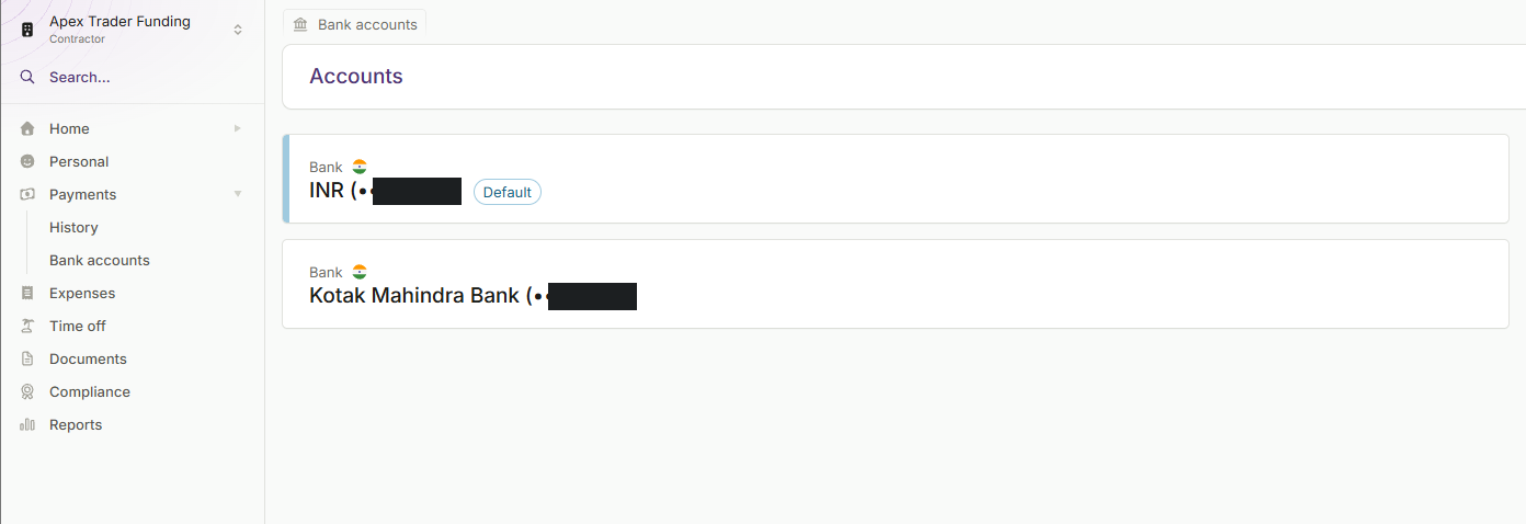 Plane's Bank accounts screen listing two Indian INR accounts, one marked Default, under Apex Trader Funding as contractor