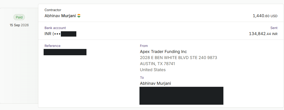 A Plane payment entry marked Paid: 1,440.60 USD from Apex Trader Funding Inc, 134,842.44 INR sent to an INR bank account