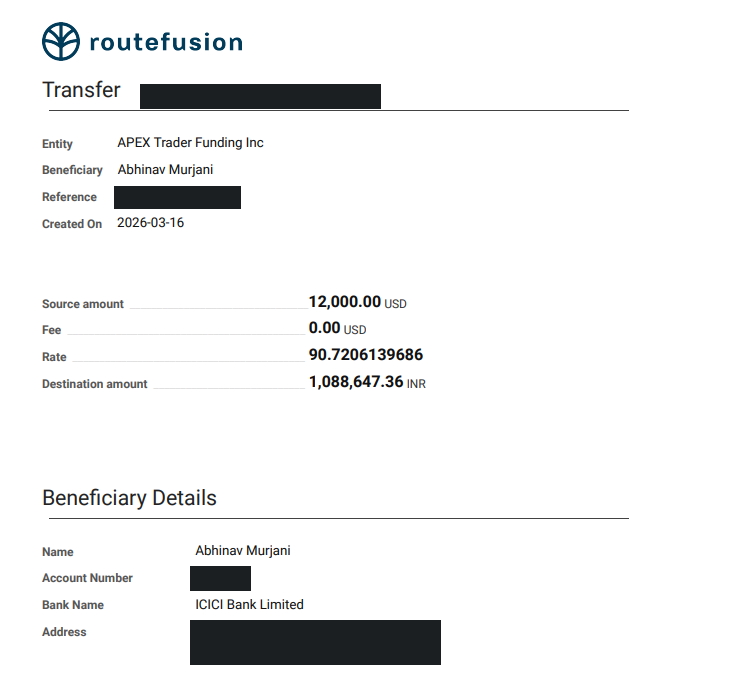 Transfer receipt from Plane's payment partner: 12,000.00 USD source amount, 0.00 fee, rate 90.72, 1,088,647.36 INR destination amount to ICICI Bank