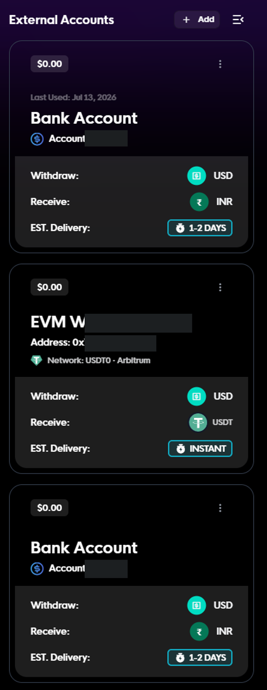 Rise Withdraw Options: two Indian bank accounts receiving INR with 1–2 day delivery, and a USDT wallet on Arbitrum with instant delivery