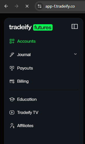 Tradeify app menu: Accounts, Journal, Payouts, Billing, Education, Tradeify TV, Affiliates