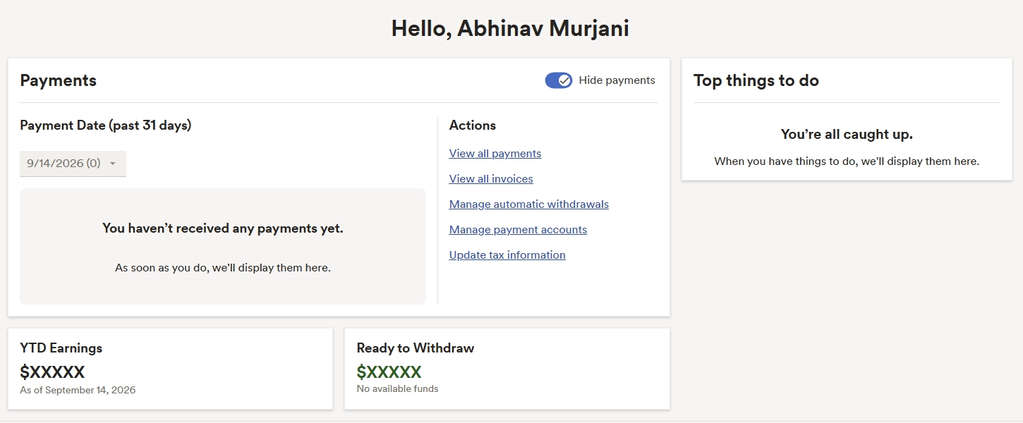 WorkMarket home page showing the Payments panel and the Actions list including Manage automatic withdrawals and Manage payment accounts